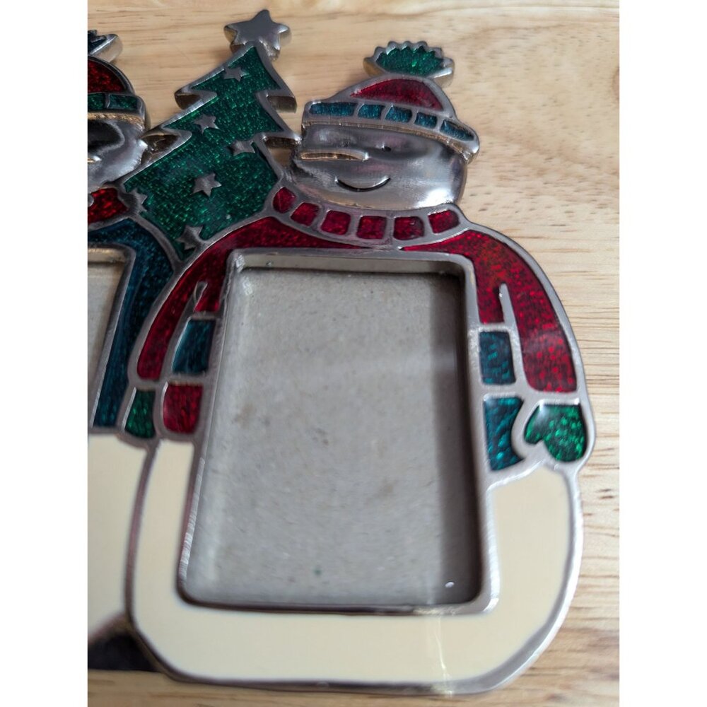 Pewter enamel glitter snowman double frame mini green red stand up decor - Picture 5 of 8